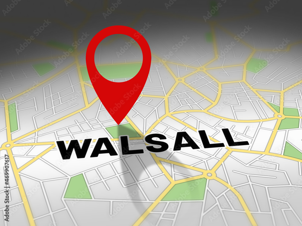 Fototapeta premium Walsall on map with red GPS navigation pin. United kingdom location with generic map background.
