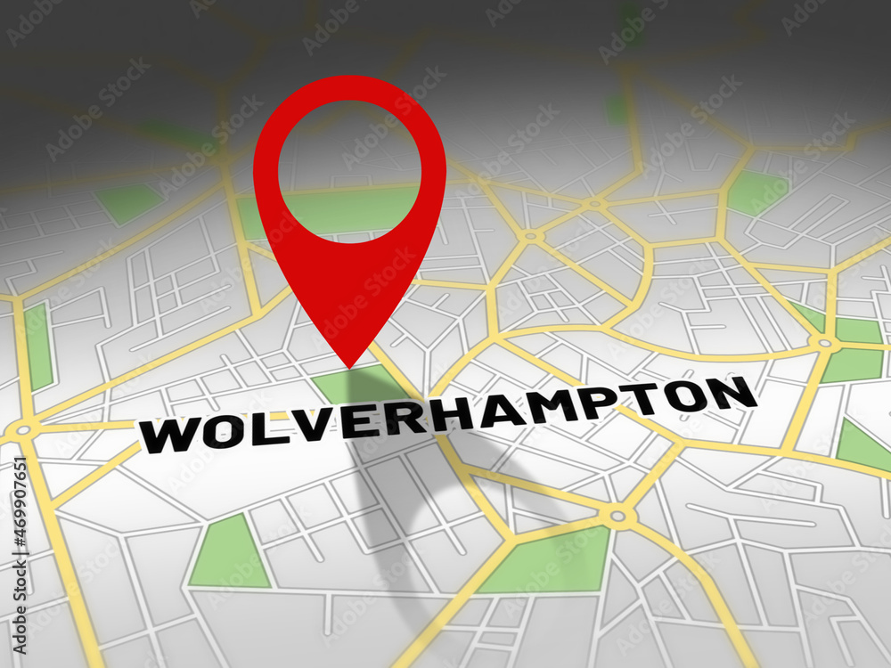 Obraz premium Wolverhampton on map with red GPS navigation pin. United kingdom location with generic map background.