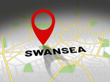Swansea on map with red GPS navigation pin. United kingdom location with generic map background.