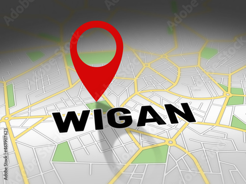 Wigan on map with red GPS navigation pin. United kingdom location with generic map background. photo