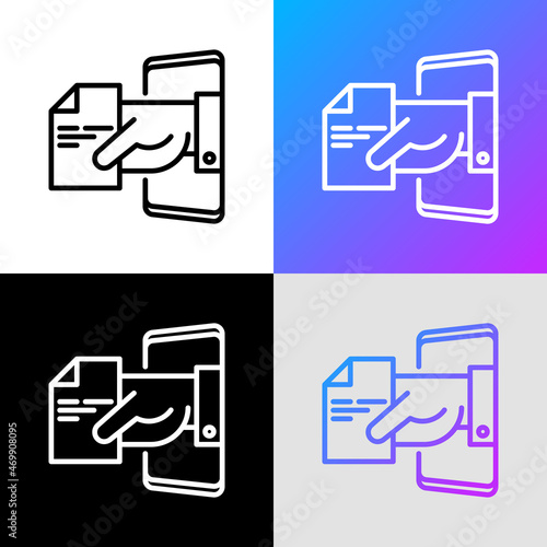 Online medical sheet, prescription thin line icon: hand with recipe from smartphone. Modern vector illustration.