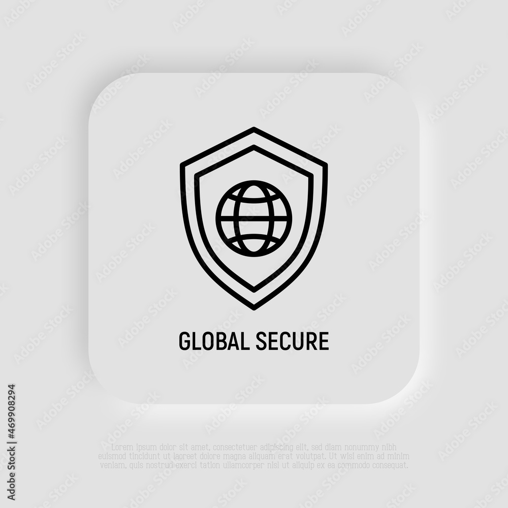 Global secure thin line icon, shield with globe. Modern vector illustration. Global secure thin line icon, shield with globe. Modern vector illustration.