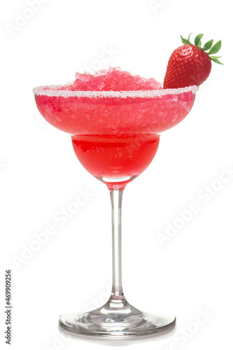Red iced coktail in margarita glass with salt rim and strawberry garnish isolated on white background