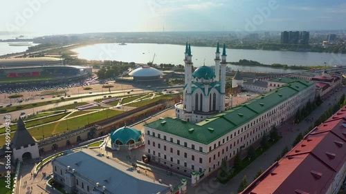 Aerial drone view of Kul Sharif Mosque with minarets. Kazan Kremlin, downtown of Kazan, Republic of Tatarstan, Russia, drone shot