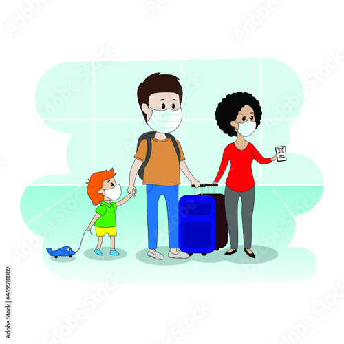 Family Travel during Covid-19. Cartoon style.
