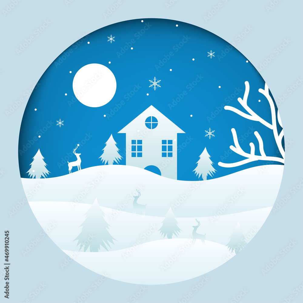 Christmas paper art design with house Christmas tree and moon Christmas paper art design with house Christmas tree and moon