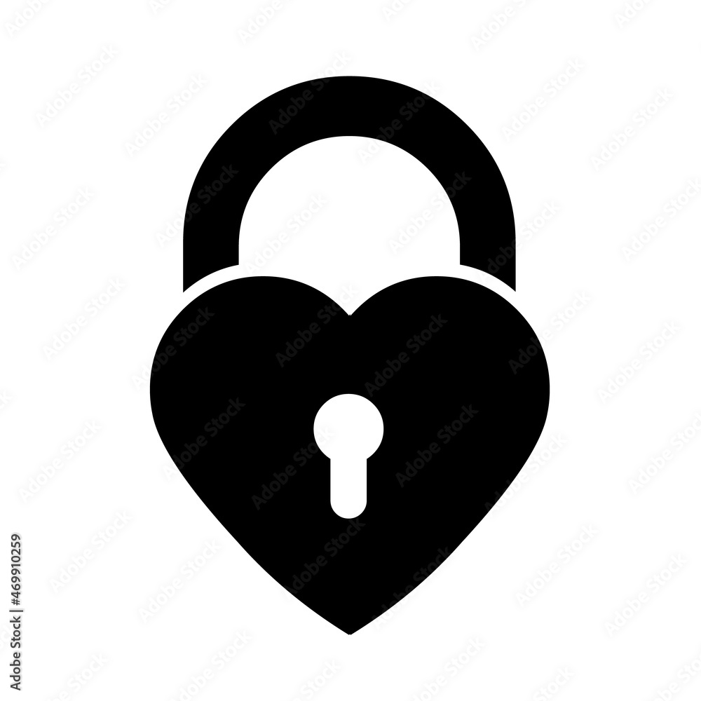Heart shaped closed lock icon. Simple design in black. Illustration isolated on white background. Symbol of love, lovers, romance. Heart shaped closed lock icon. Simple design in black. Illustration isolated on white background. Symbol of love, lovers, romance.