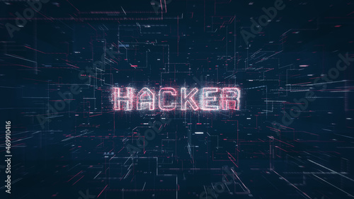 Hacker title key word on a binary code digital network background