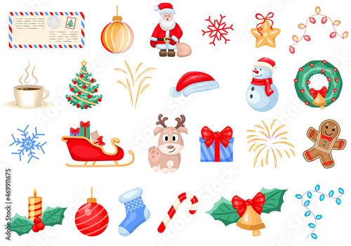 Flat set of colorful items related to Christmas and Happy New Year. Elements for greeting cards isolated on white background