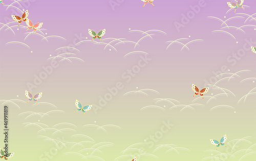 和柄な蝶々と草模様の背景素材（紫＆黄緑） 
