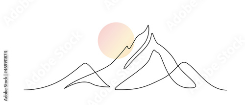 One continuous line drawing of mountain range landscape with color sun. Abstract peak hills and skyline in scandinavian simple linear style. Modern panoramic sketch. Doodle vector illustration