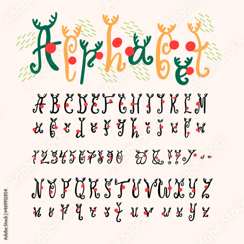 Christmas Doodle ABC alphabet - letters, numbers, symbols with antlers and red nose. Hand written decorative vector script font for greeting cards, sticker print, postcards, typografic design