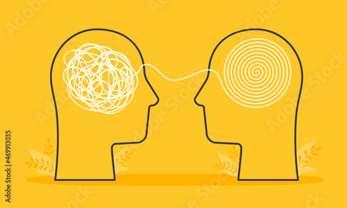 Psychologist consulting or mental problem solving brainstorm concept. Human heads with tangled chaos disorder turns into order line, finding solution. Coach, mentoring psychotherapy. Complex to simple