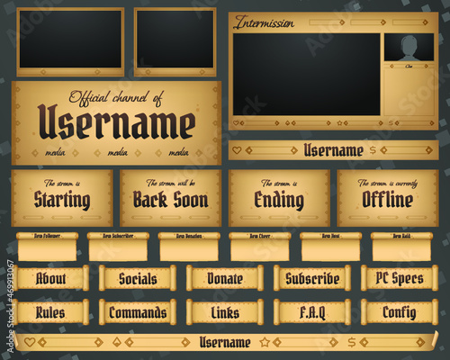 Big stream bundle - gaming panels, notifications, alerts, cam frames, offline and afk screens. Webcam 16:9 and 4:3 screen resolution. Old scroll with calligraphy stylized overlay design. Eps10 vector