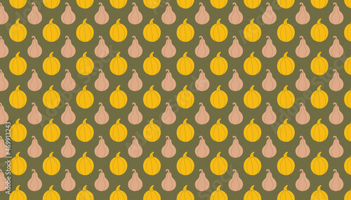 Pumpkin silhouette pattern, background, banner. Autumn holiday. Thanksgiving Halloween decor. Vegan vegetarian food. Kitchen element. Groceries shop. Gardening, farming.