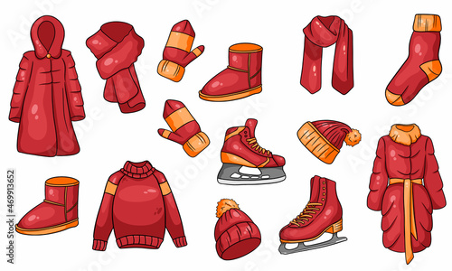 A set of winter things. Collection of warm clothes. Cartoon style.