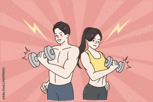 Sporty active lifestyle and workout concept. Young positive couple man and woman standing wearing sportswear holding dumbbels during training vector illustration 