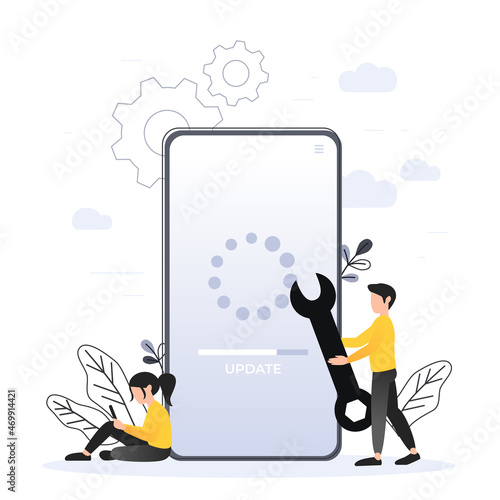 System updates with people updating operation in computing and installation programs. mobile application. Flat vector illustration modern character design. For a landing page, banner, flyer, web page.