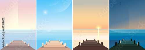 Sea pier at different times of day. Beautiful seascapes in vertical orientation.