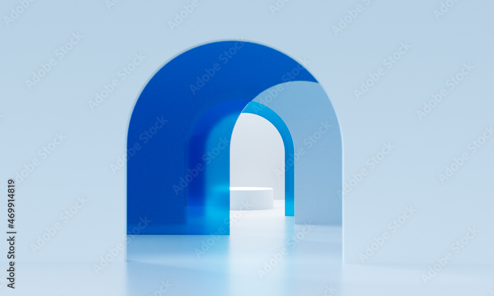 High quality 3d render of podiums showcase for cosmetics advertising. White podium and transparent blue glass 