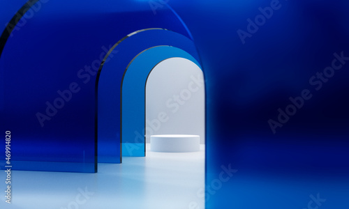 High quality 3d render of podiums showcase for cosmetics advertising. White podium and transparent blue glass 