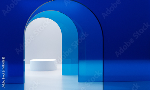 High quality 3d render of podiums showcase for cosmetics advertising. White podium and transparent blue glass 