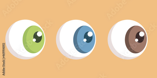 Set of three volumetric convex eyes, green blue brown, eyeball cartoon