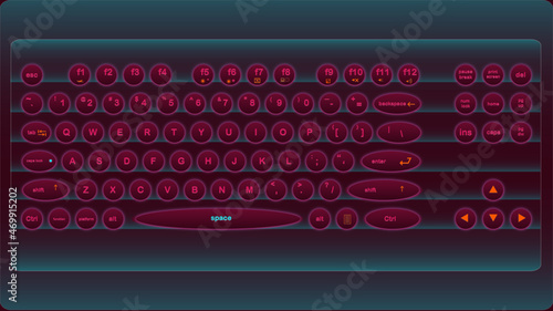 Realistic image of a computer or laptop keyboard. Background image in dark red maroon color. Glowing circle buttons.