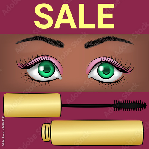 Discount on cosmetics for sexy eyes and mascara drawing. Makeup and cosmetics set for cosmetic brand sale promotion, luxury pink background as festive design. Vector illustration