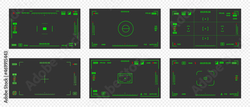 Camera viewfinder night vision video or photo frame recorder flat style design vector illustration set. Digital camera viewfinder with exposure settings and focusing grid template.