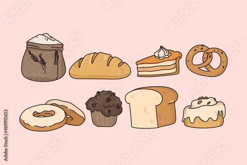 Bread confectionary and pastry concept. Set of fresh baked bread donut cupcake cake piece pastry and ingredients for baking vector illustration 
