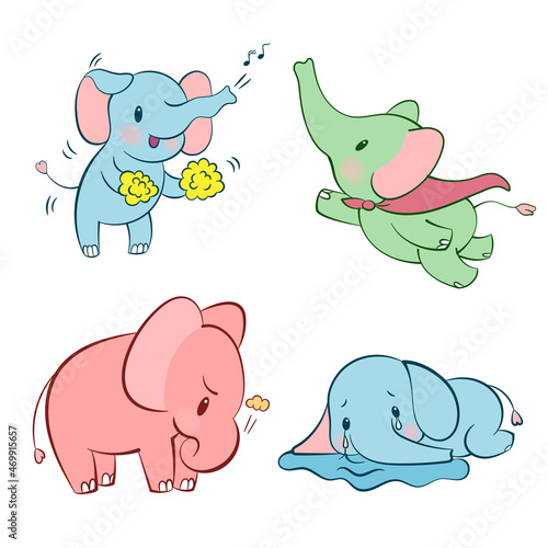 Emotional sticker set with cute elefant in different colors. Kawaii style. Cartoon emoji sticker with elefants in different moods. Vector illustration.