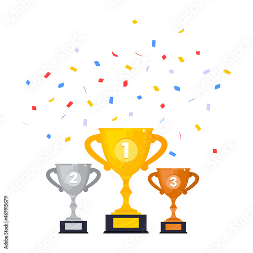 Gold, silver and bronze award trophy goblet cup set icon sign flat style design vector illustration isolated on white background.