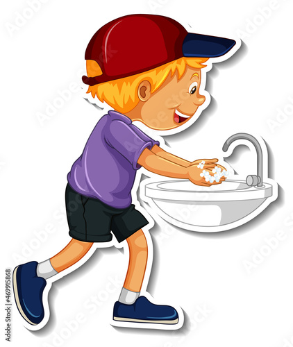 A sticker template with a boy washing hands with soap