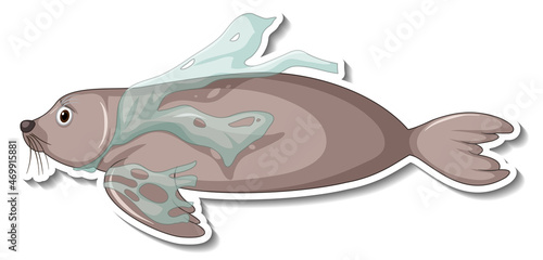 Seal stuck with plastic waste on white background
