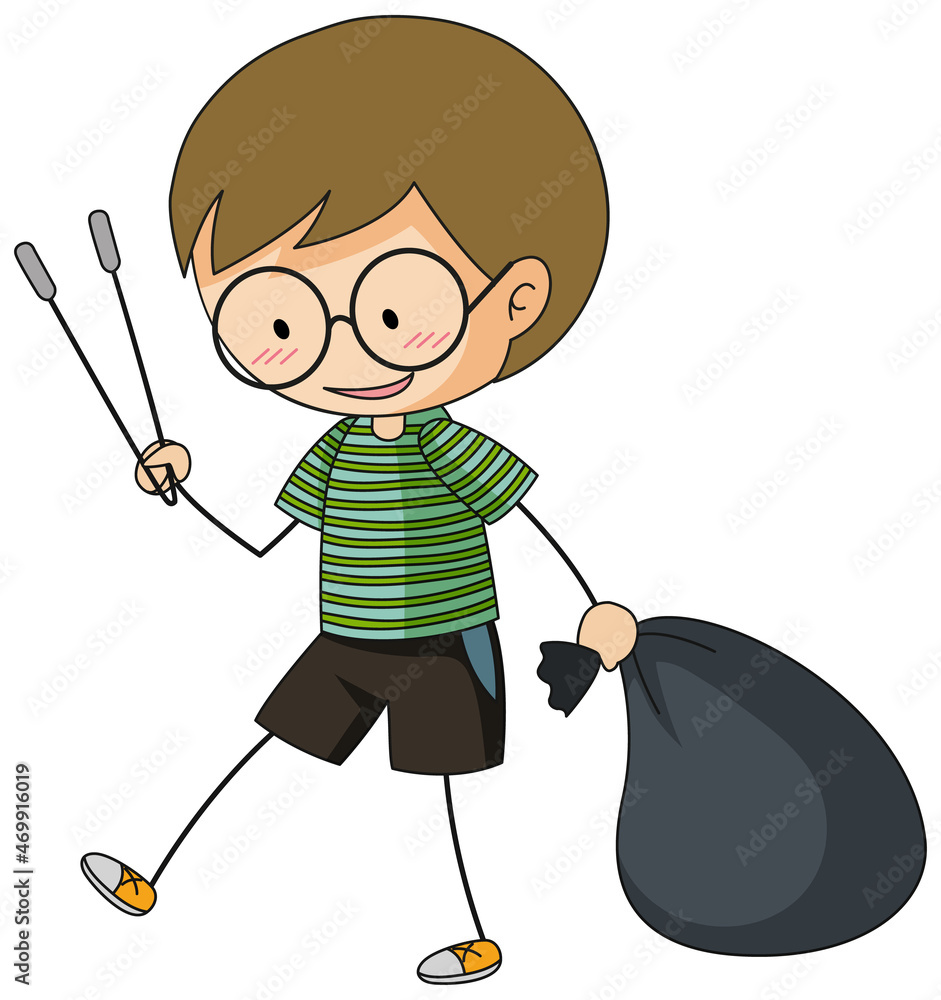 A doodle boy cleaning trash cartoon character isolated A doodle boy cleaning trash cartoon character isolated