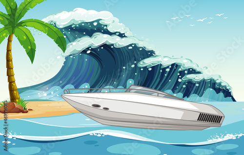 Beach scene with speed boat on sea wave