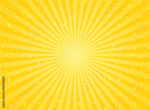 Sunlight horizontal background. Powder yellow color burst background with shining stars.