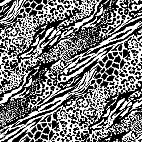 Wild animal skins patchwork wallpaper black and white fur abstract vector seamless pattern