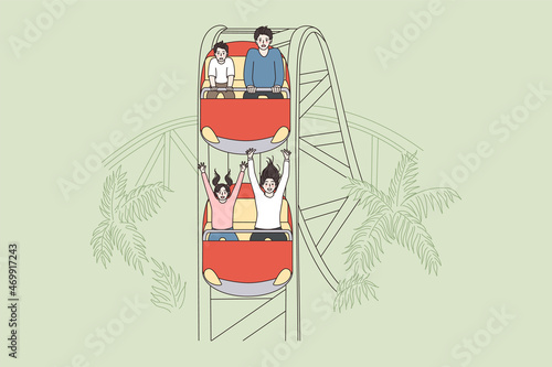 Amusement park and attraction concept. Afraid scared and happy excited people sitting and having fun or panic during attraction ride vector illustration 