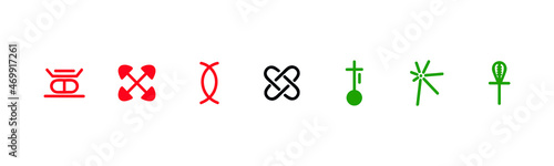 Traditional Kwanzaa symbols. Vector icon. Unity, Self Determination, Collective Work and Responsibility, Cooperative economics, Purpose, Creativity, Faith. Isolated on white background.