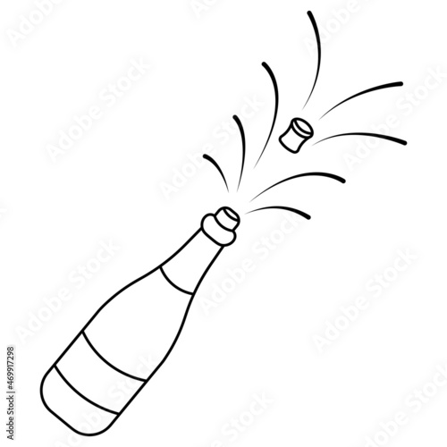 Champagne bottle. Sketch. The cork flew out of the glass container of sparkling wine. Splashes fly in different directions. Vector illustration. Outlines on an isolated white background. Doodle style.