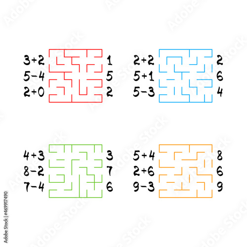Set of maze. Labyrinth kids game with numbers. Find the path to the correct answer. Vector Illustration 10 eps