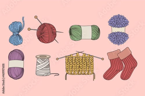 Objects and tools for knitting concept. Set of colorful wool threads needles for knitting hobby and red knit socks over pink background vector illustration 
