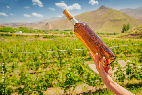 Woman with a bottle of grappa or cognac on the background of a vineyard in the mountains. The concept of strong alcohol from the highest grape varieties photo