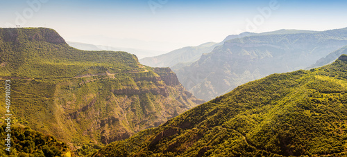 Panoramic view of Vorotan river mountain gorge near the famous Tatev monastery. Incredible nature and landscapes of Armenia