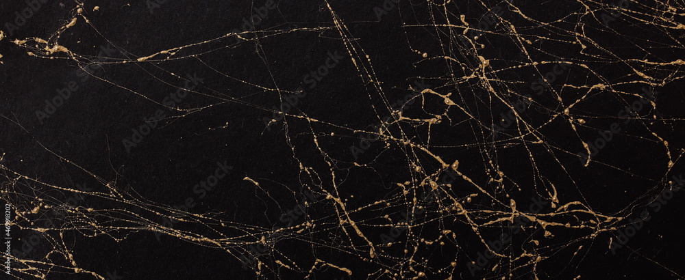 abstract art photography black background painting with gold veins texture. banner