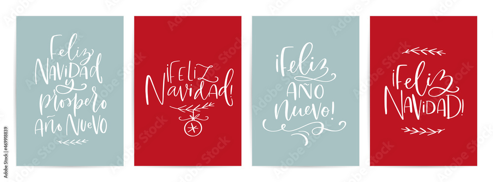 Winter holidays card set in Spanish language. The text on cards means: Merry Chritmas, Happy New Year, written separately and also combined together in one phrase in different translations.