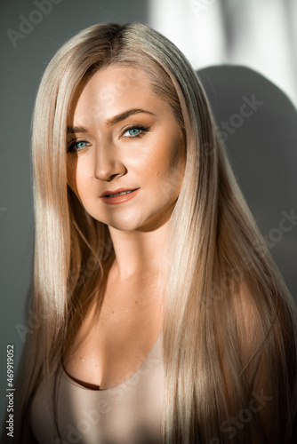 Perfect blonde woman close up fashion portrait