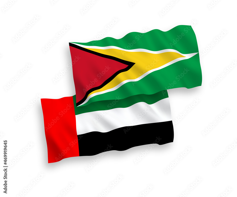 Flags of Co-operative Republic of Guyana and United Arab Emirates on a white background Flags of Co-operative Republic of Guyana and United Arab Emirates on a white background